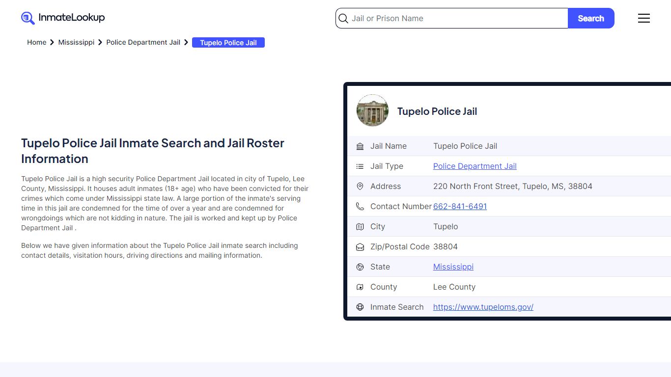 Tupelo Police Jail (MS) Inmate Search Mississippi - Inmate Lookup